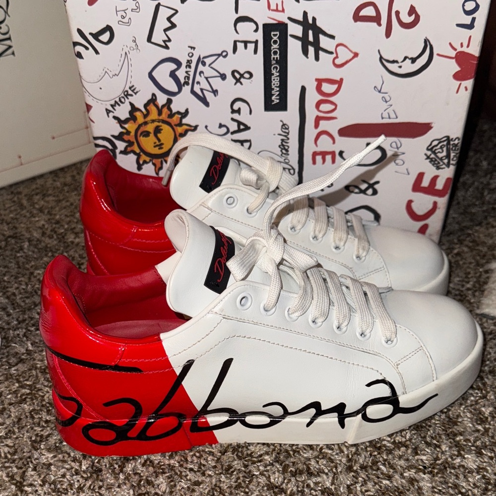 Dolce & Gabbana Red and White Leather Sneakers
